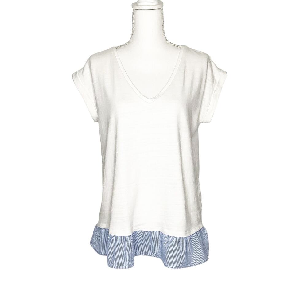 LOFT White V-Neck Short Sleeve Top Blue White Striped Ruffle Hem Medium
